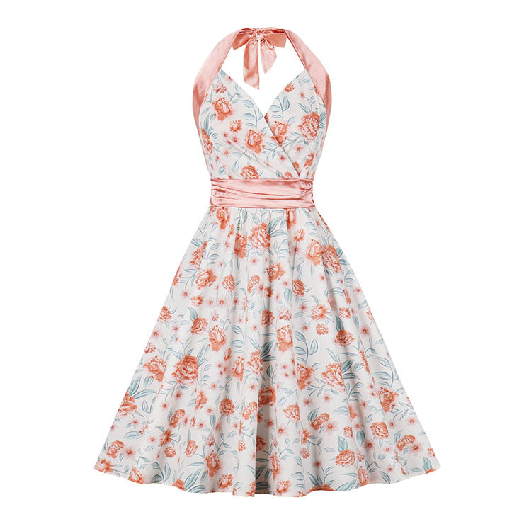 1950s-Halter-Neck-Surplice-Bodice-Floral-Print-High-Waist-Summer-Swing-Dress-Front-View