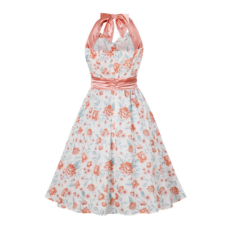 1950s-Halter-Neck-Surplice-Bodice-Floral-Print-High-Waist-Summer-Swing-Dress-back-View