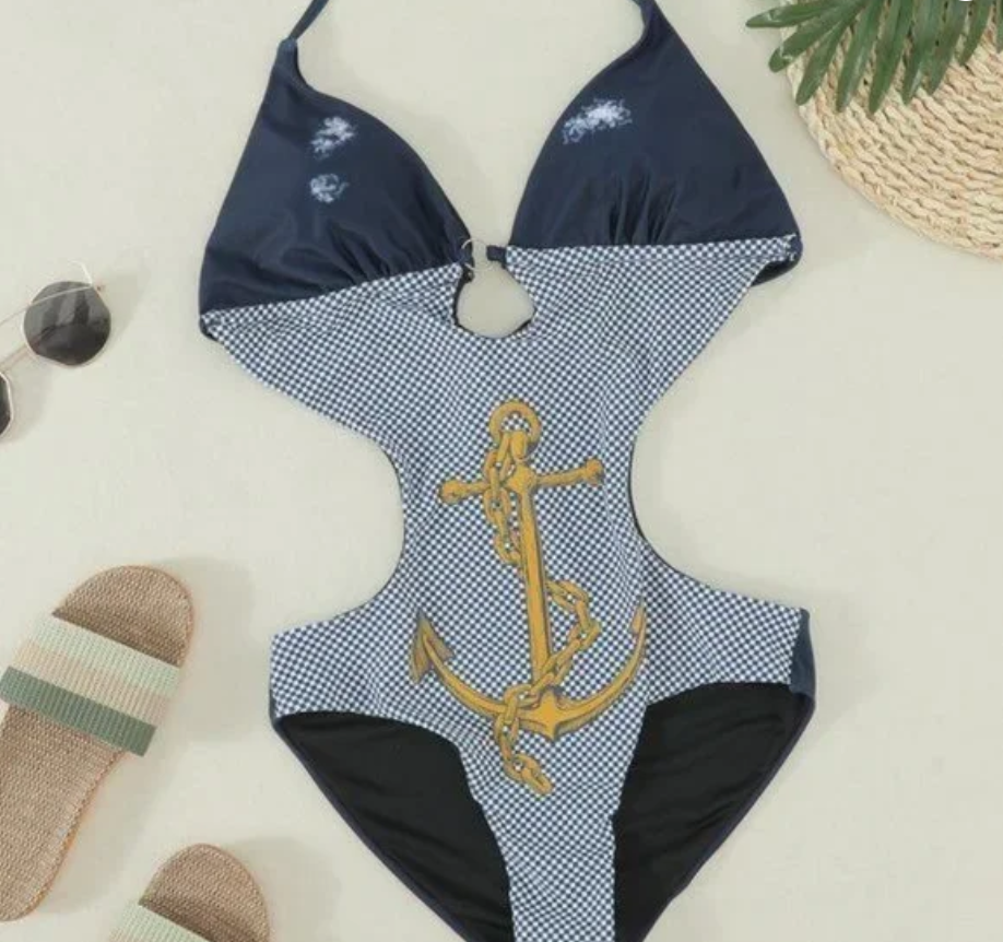 V Neck Navy Blue Halter Swimsuit