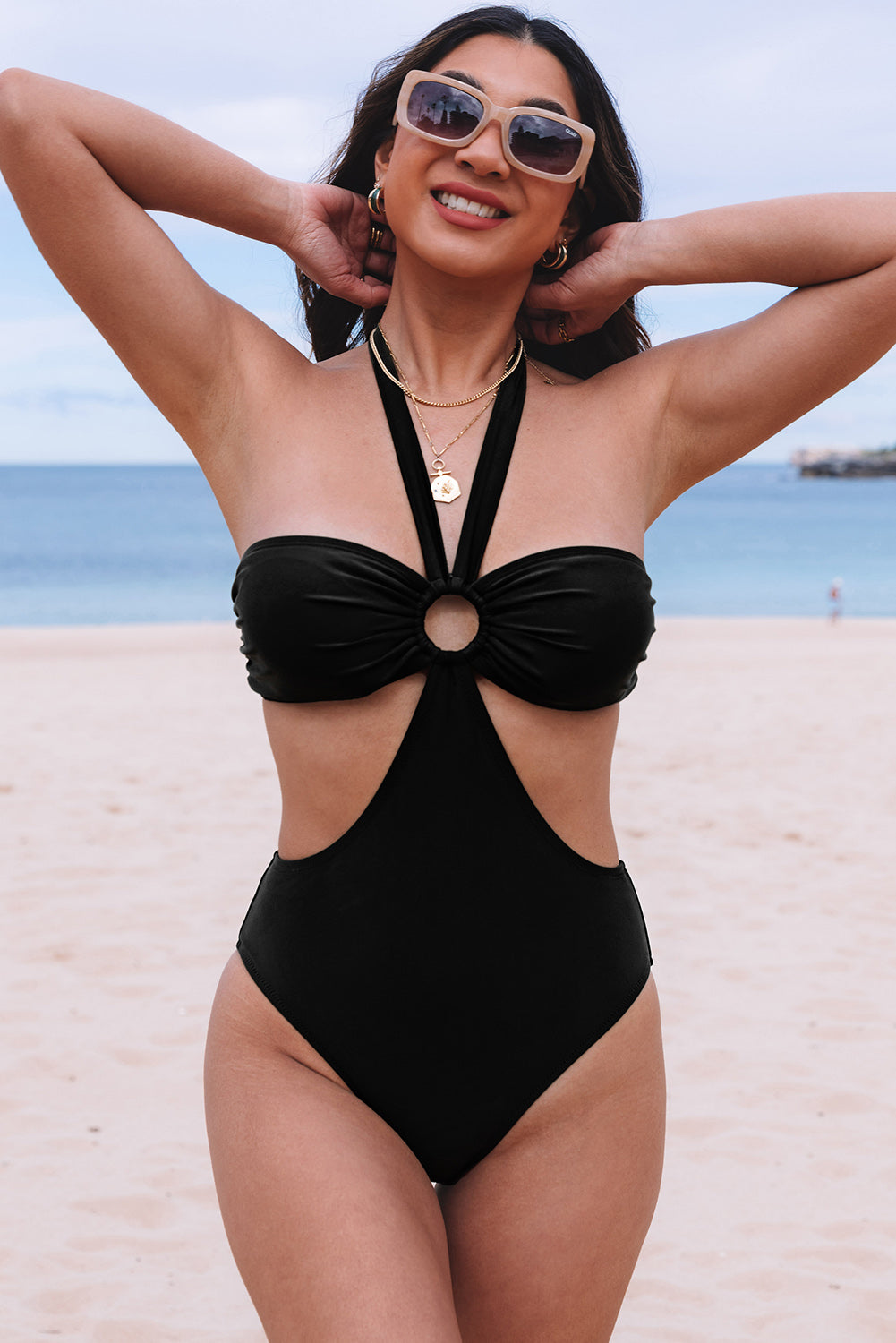 Black-Halter-O-ring-Bust-One-Piece-Swimsuit-front-view