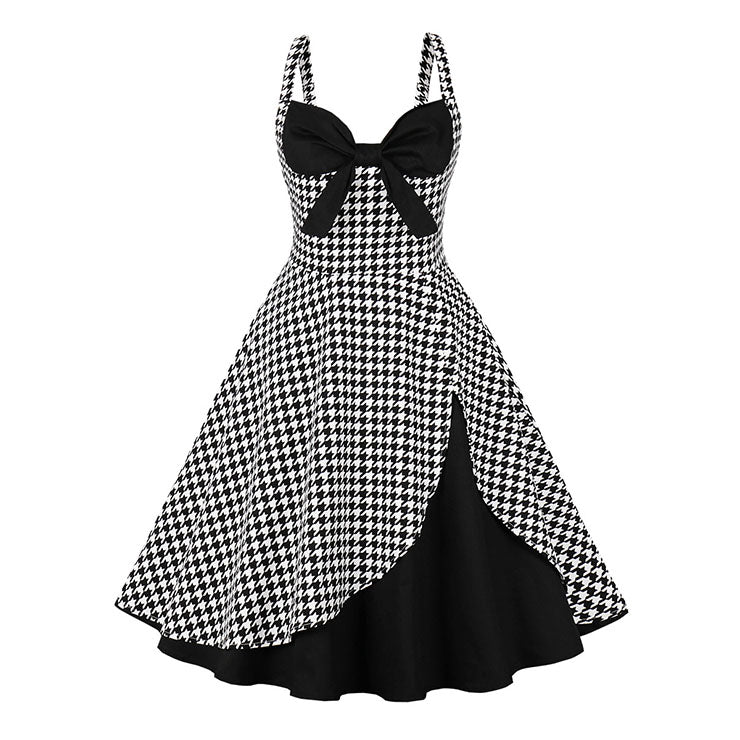 1950s-Vintage-Houndstooth-Sweetheart-and-Bowknot-Bodice-Straps-Summer-Party-Swing-Dress-Front-View