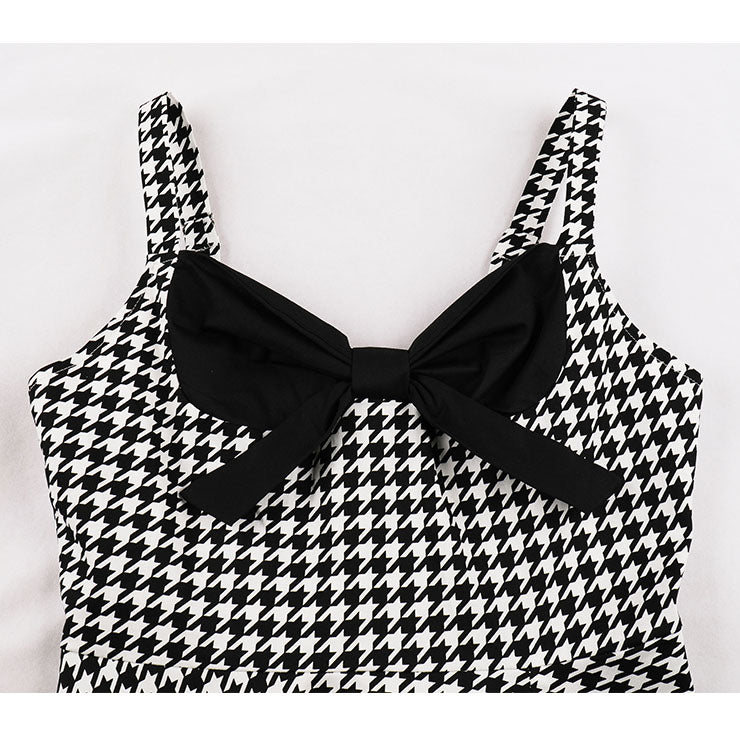 1950s-Vintage-Houndstooth-Sweetheart-and-Bowknot-Bodice-Straps-Summer-Party-Swing-Dress-Shoulder-View