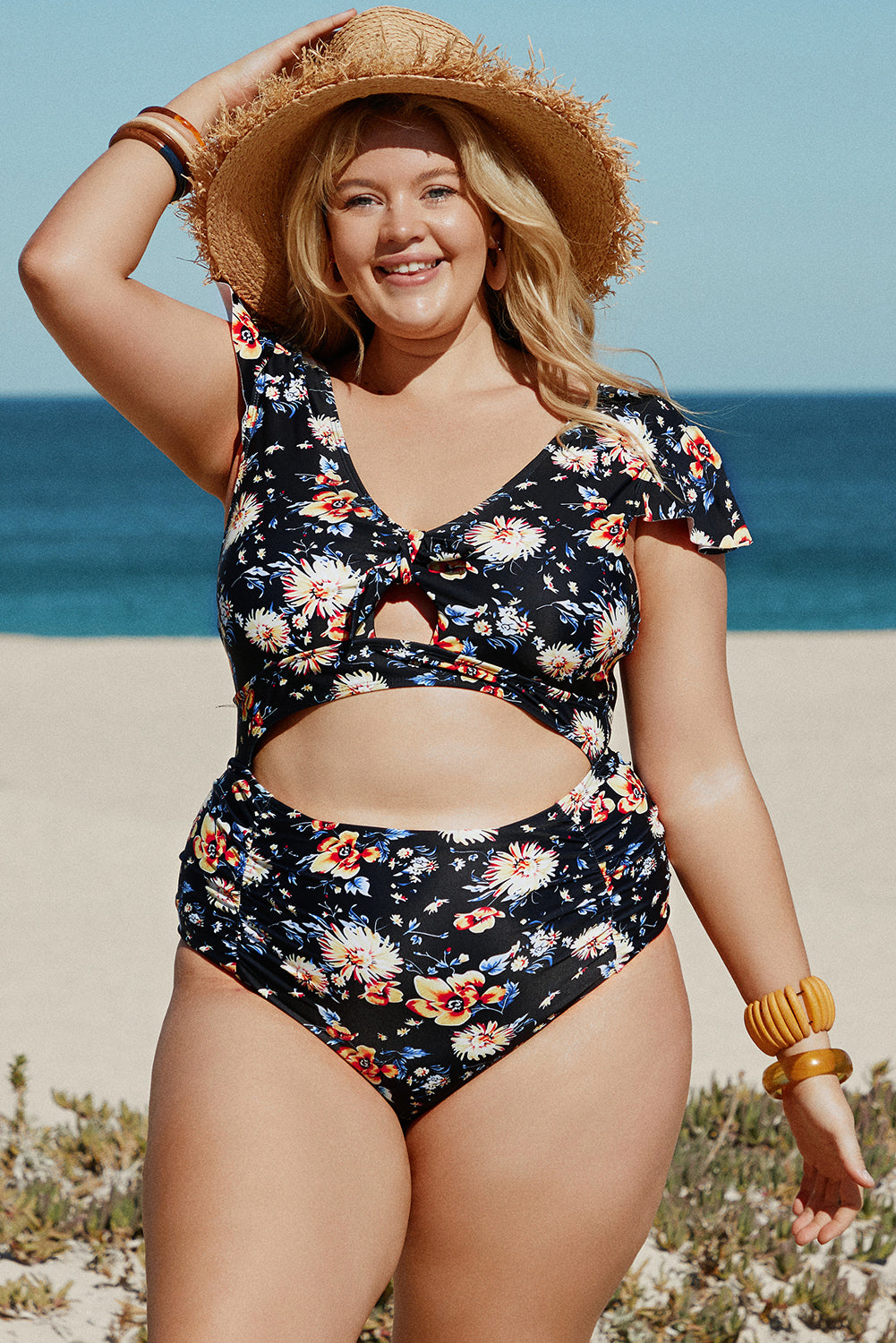 Black-Plus-Size-Flutter-Cap-Sleeve-Floral-High-Waist-swimsuit-front-view