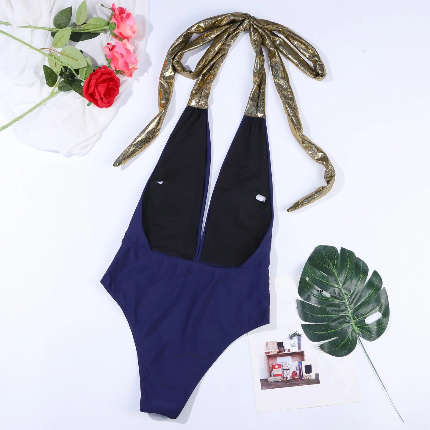 V-Neck Navy One Piece Bohemian Swimsuit