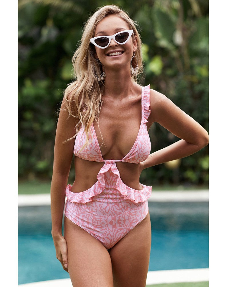 Pink-Print-Ruffle-One-piece-Swimsuit-front-view