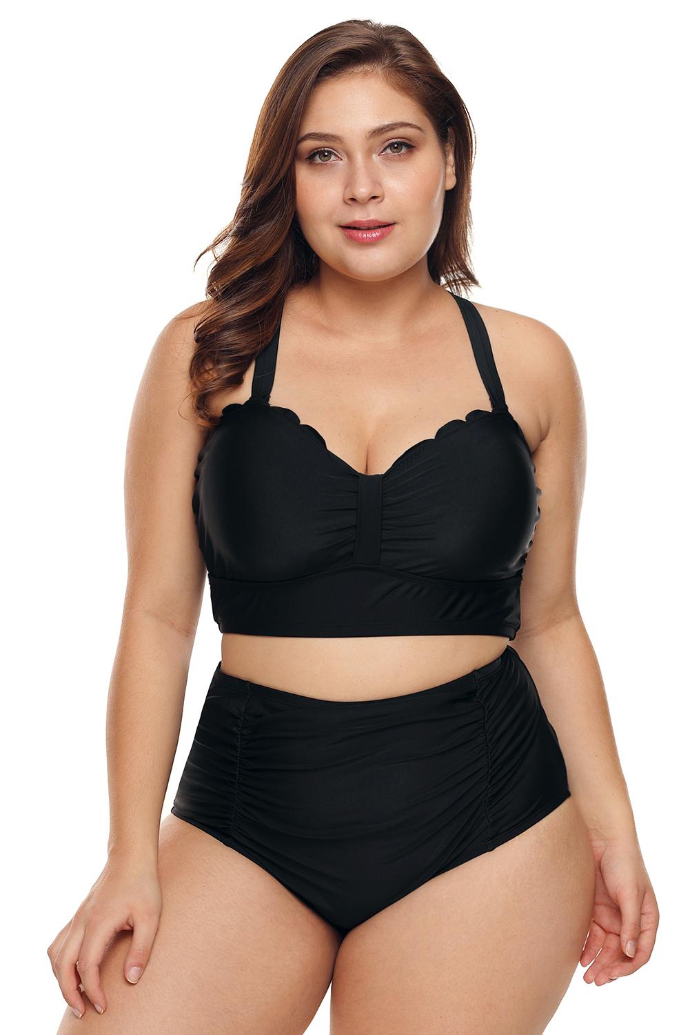 Black-Plus-Size-Scalloped-Detail-High-Waist-Bikini-front-view