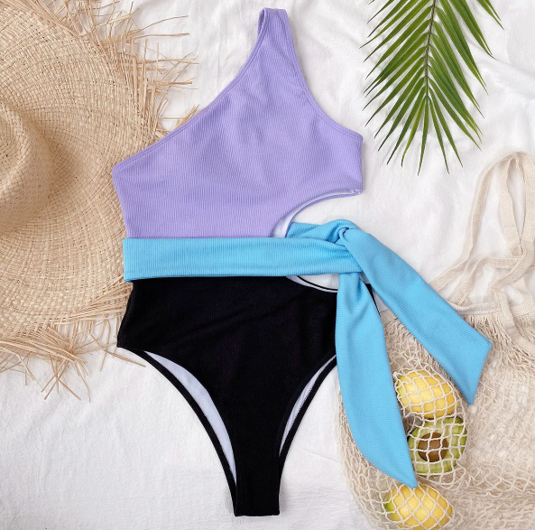 Ribbed One Shoulder Tie Waist Swimsuit