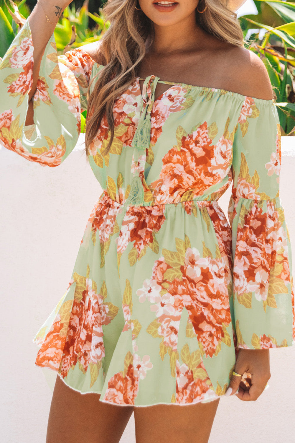 Floral-Off-the-Shoulder-Bell-Sleeve-Romper-front-view