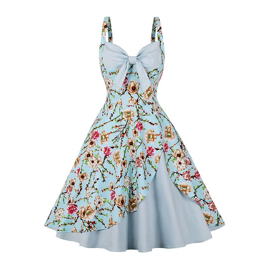 Vintage-Sweetheart-and-Bowknot-Bodice-Floral-Print-Straps-Swing-Dress-front-view