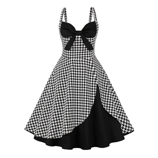 1950s-Vintage-Houndstooth-Sweetheart-and-Bowknot-Bodice-Straps-Summer-Party-Swing-Dress-Front-View