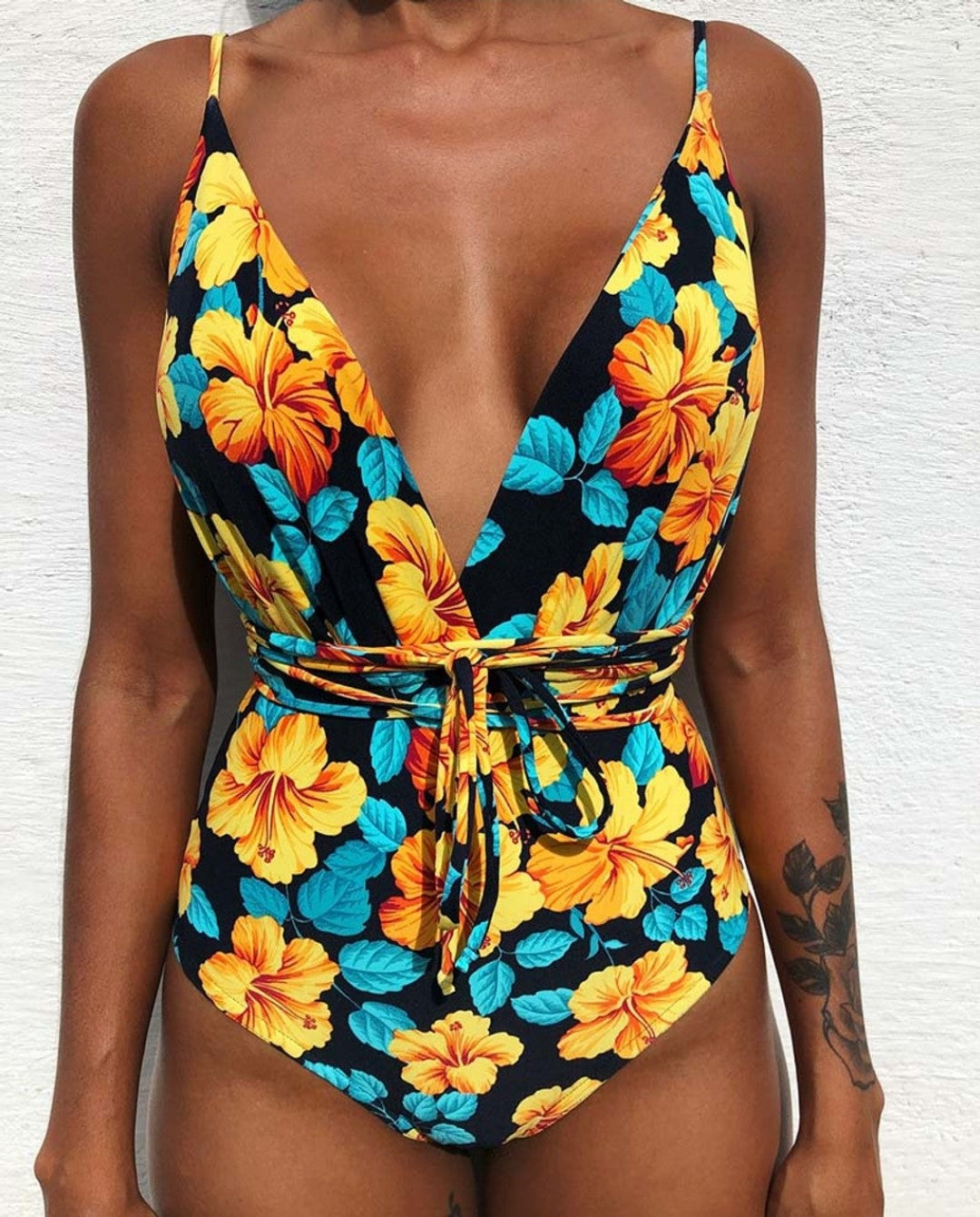 One-Piece-Swimwear-Front-Strappy-Cross-Swimsuit-Floral-Print-front-view