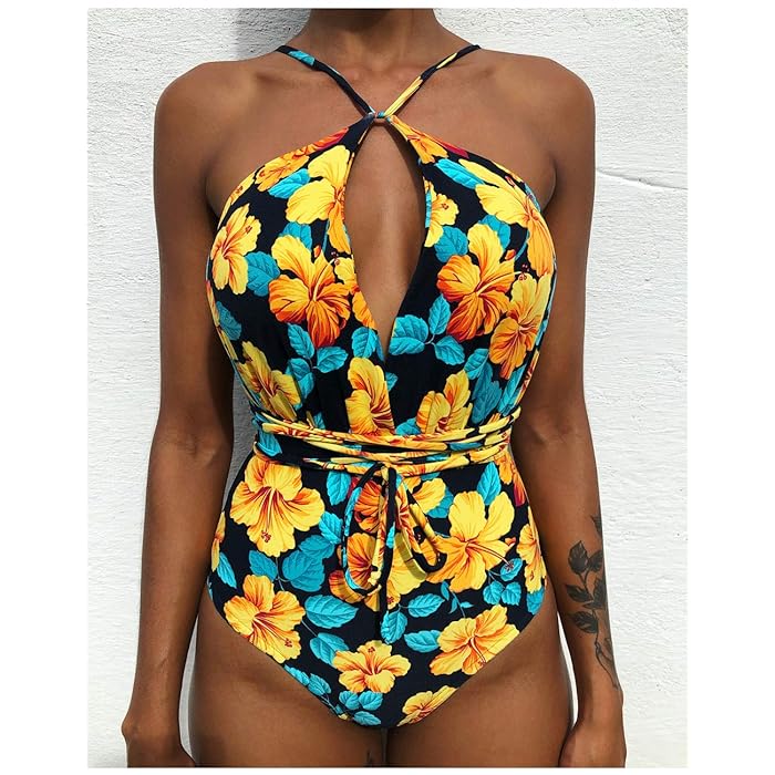 One-Piece-Swimwear-Front-Strappy-Cross-Swimsuit-Floral-Print-front-view
