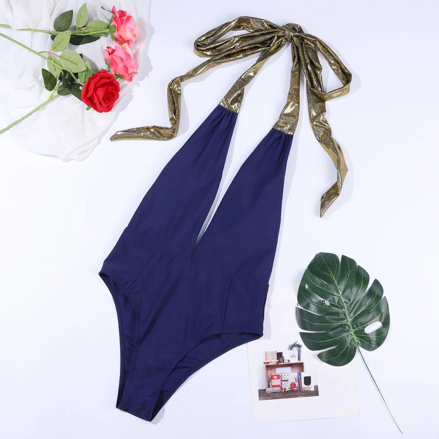 V-Neck Navy One Piece Bohemian Swimsuit