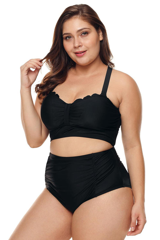 Black-Plus-Size-Scalloped-Detail-High-Waist-Bikini-front-view