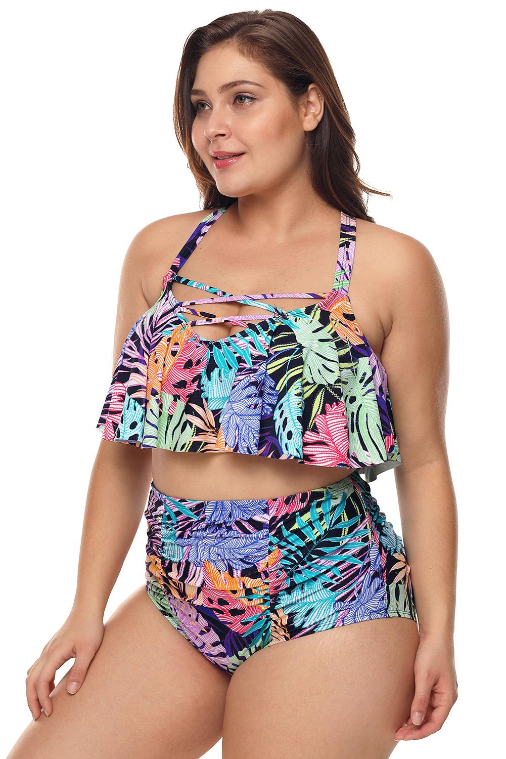 Plus-Size-Multicolored-Strappy-High-Waist-Bikini-front-view