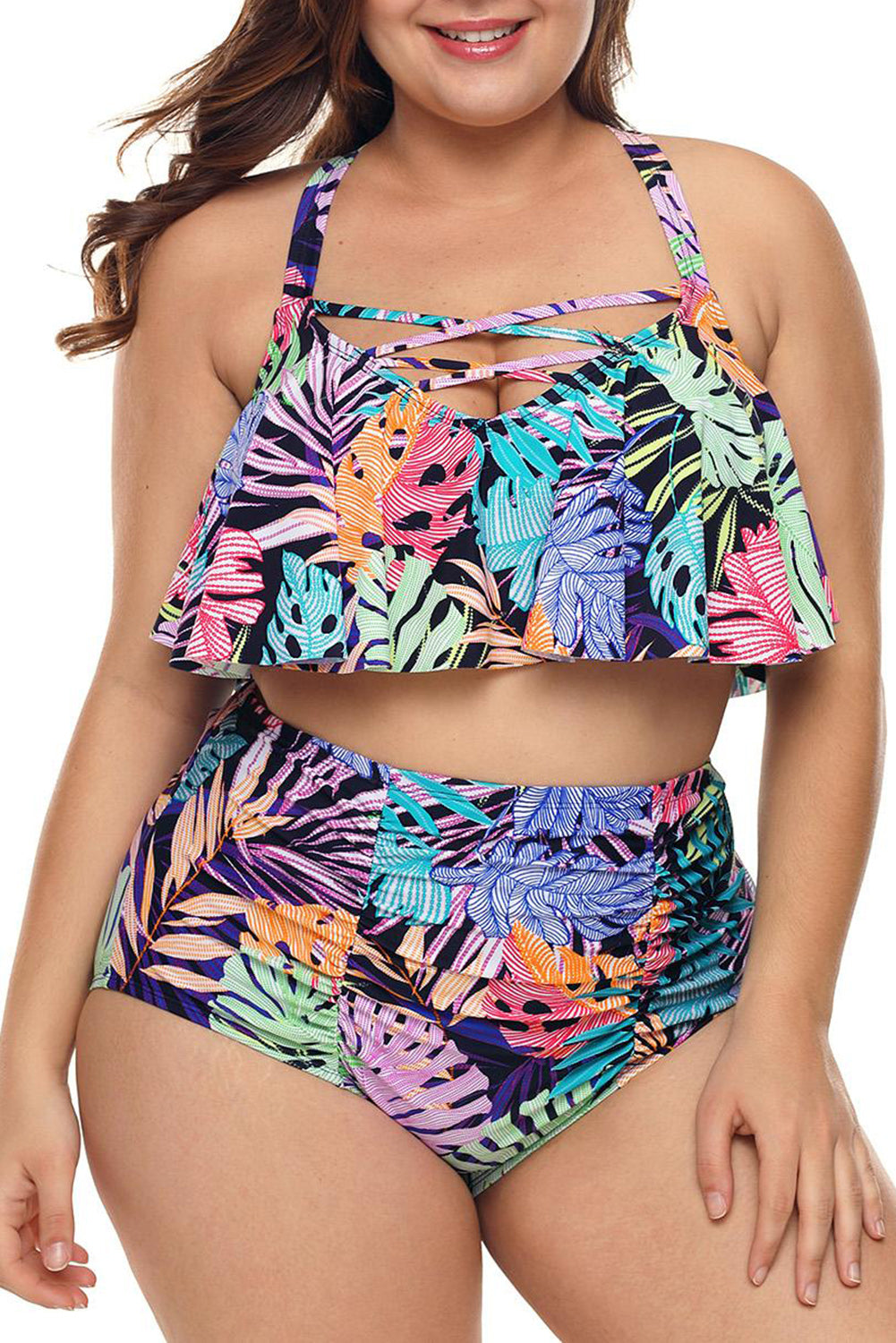 Plus-Size-Multicolored-Strappy-High-Waist-Bikini-front-view